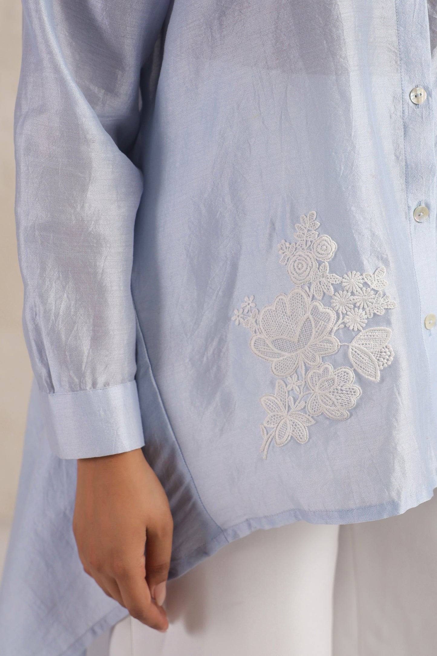 Blue High-Low Chanderi Shirt