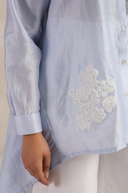 Blue High-Low Chanderi Shirt