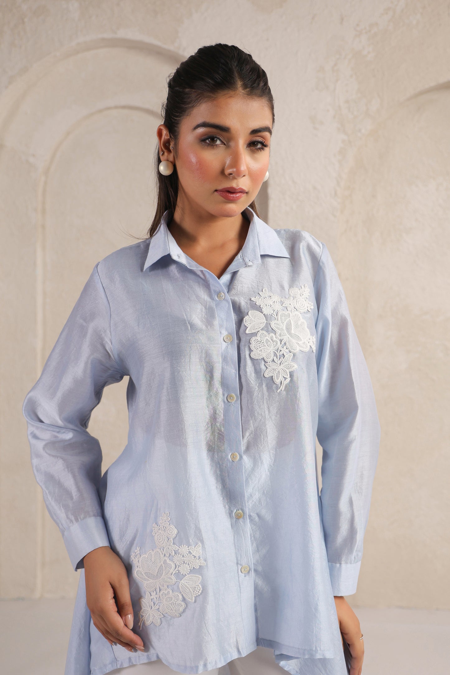 Blue High-Low Chanderi Shirt