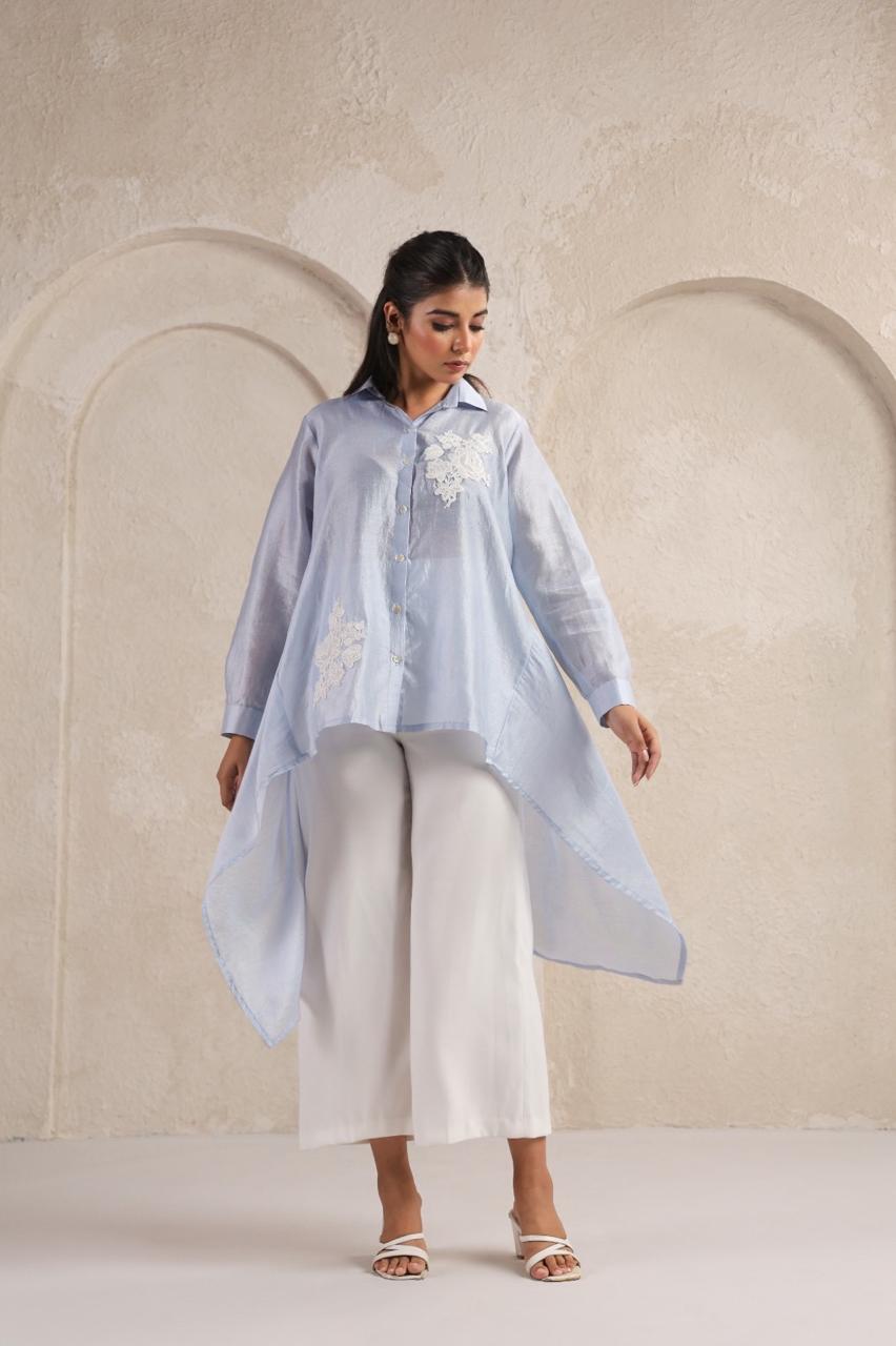 Blue High-Low Chanderi Shirt